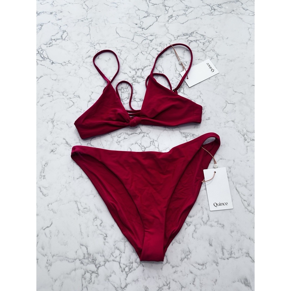 NWT Quince Cherry Red Knot Tie Bikini Top & Italian Low Rise Bottom Set Small